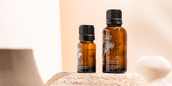 Close up shot of frankincense essential oil in 2 different sizes